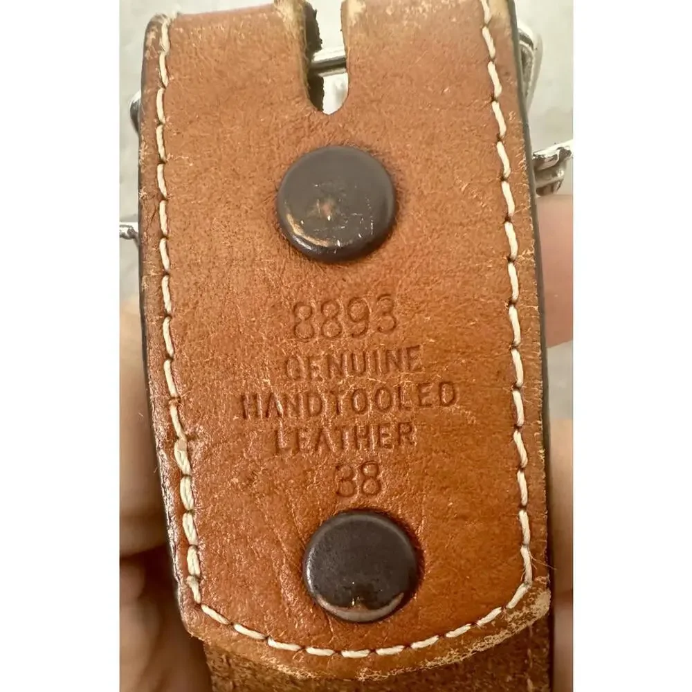 Vintage Hand Tooled Western Belt Turquoise Y2K Cowgirl Grunge Genuine Leather 38